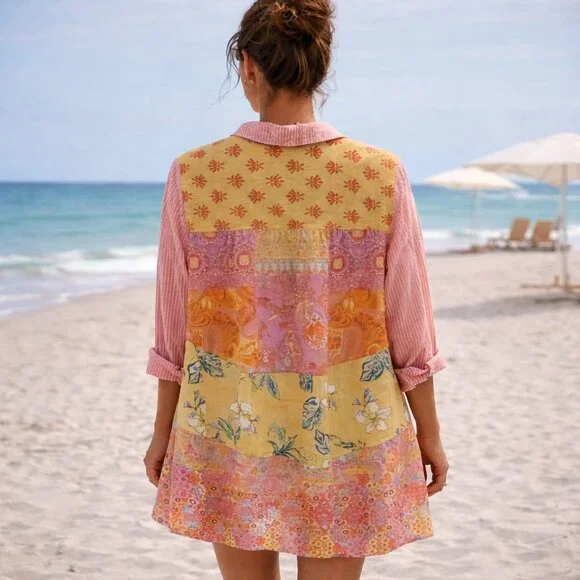 Soft Surroundings Pink Pinstripe Patchwork Back Button-Up XS - Picture 2 of 15